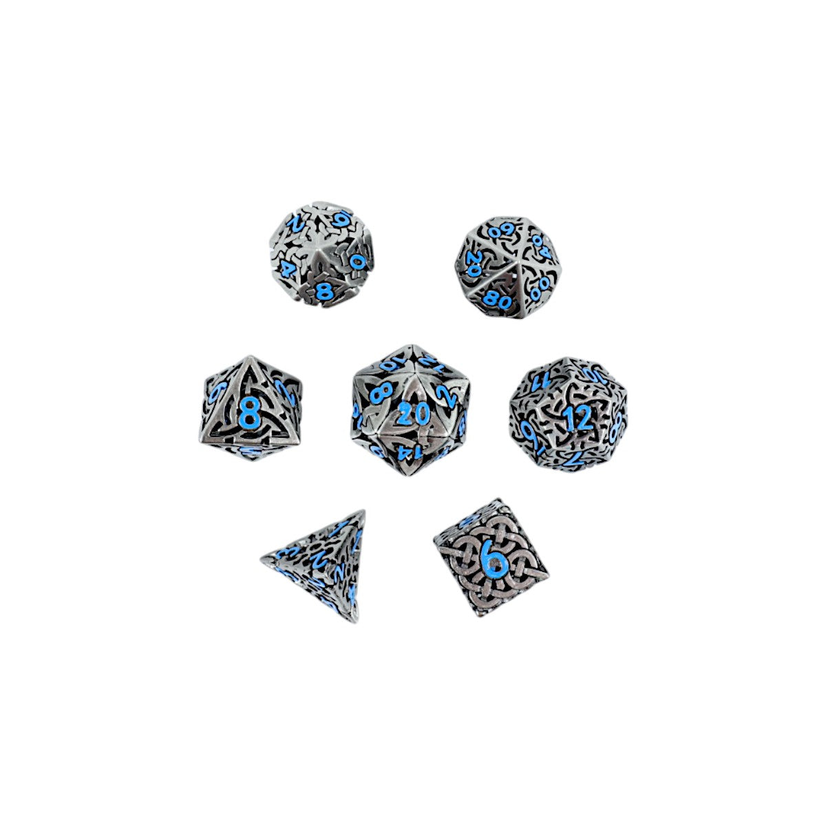 Metal Dice Set Hollow Celtic - Stainless and Blue