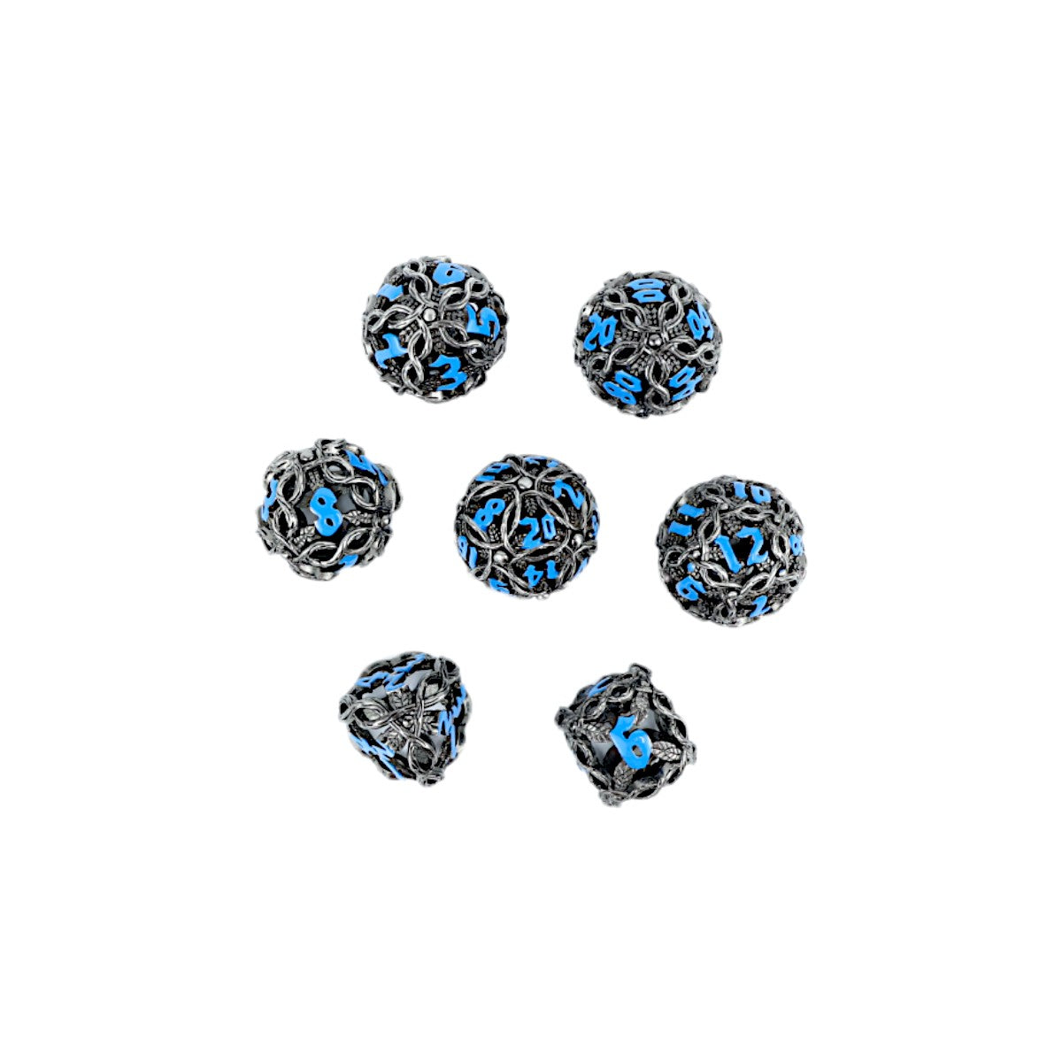 Metal Dice Set Hollow Vines - Stainless and Blue